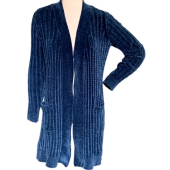 Matty M Longline Chenille Open Cardigan Sz S Blue #12T - Picture 3 of 9